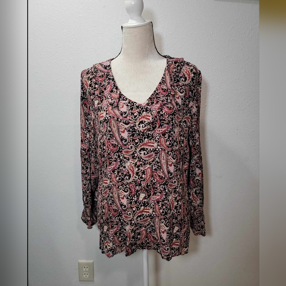 J Jill Boho Paisley Ruffle Blouse Sz L Lettuce Hem Peasant Lagonlook Flowy